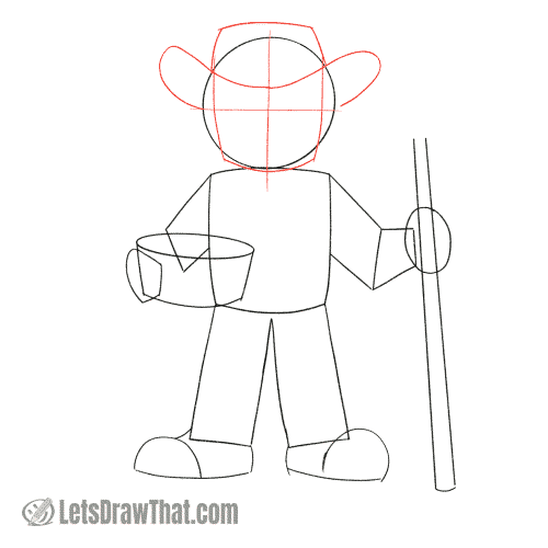 Drawing step: Draw the farmer's hat and improve the face