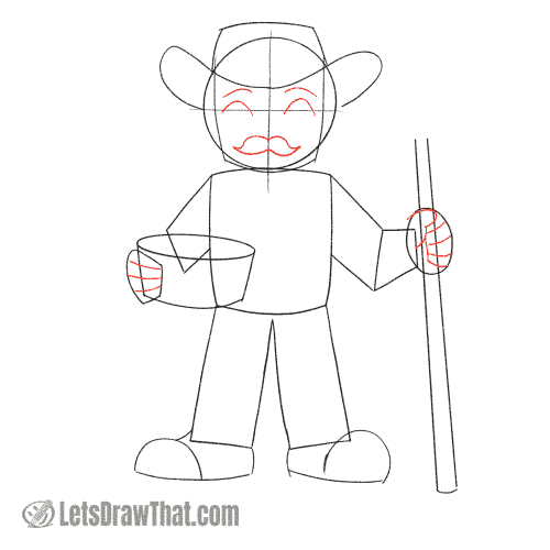 Drawing step: Sketch the farmer's face and fingers