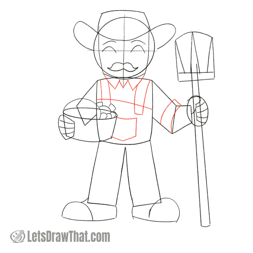 Drawing step: Draw the farmer's clothing details