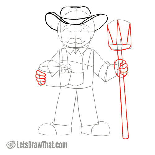 Drawing step: Draw the farmer's hands and pitchfork