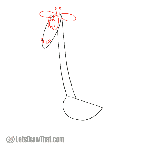 Drawing step: Draw the giraffe's face and ears