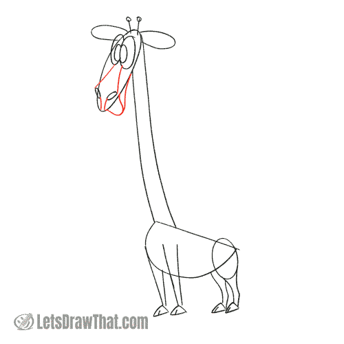 Drawing step: Draw the giraffe's nose and mouth