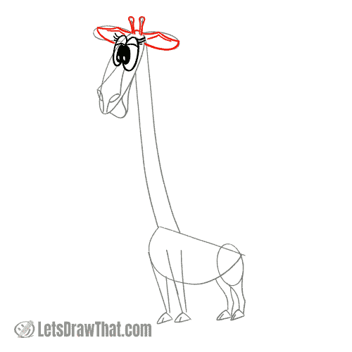 Drawing step: Draw the giraffe's ears and horns