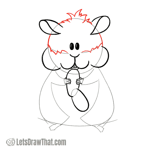 Drawing step: Draw the hair and fur on the hamster's head