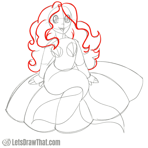 Drawing step: Draw the mermaid’s flowing hair