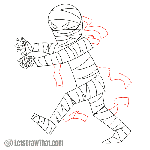 Drawing step: Add some loose bandage ends