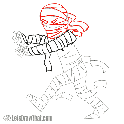 Drawing step: Draw the bandages around the mummy's head