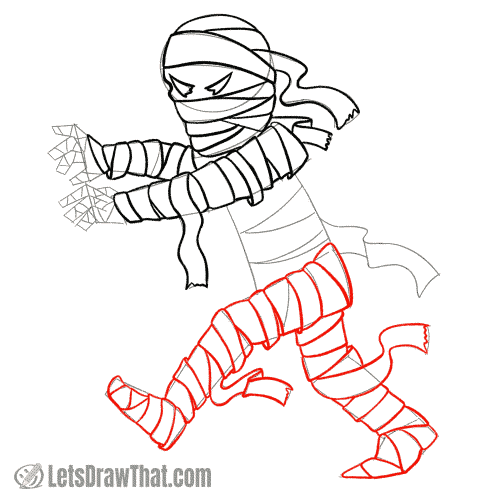 Drawing step: Draw the bandages on the legs