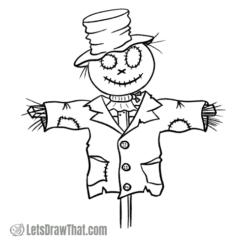 How to draw a scarecrow: finished outline drawing