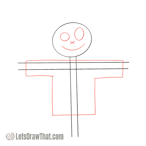 Drawing step: Draw the scarecrow's face and coat