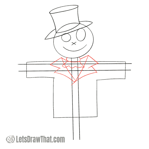 Drawing step: Draw the scarecrow's neck and the coat
