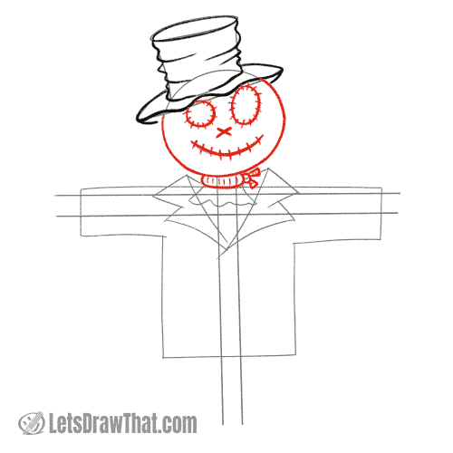 Drawing step: Draw the scarecrow's head and neck