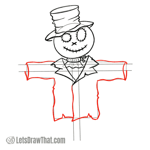 Drawing step: Draw the rest of the scarecrow's coat