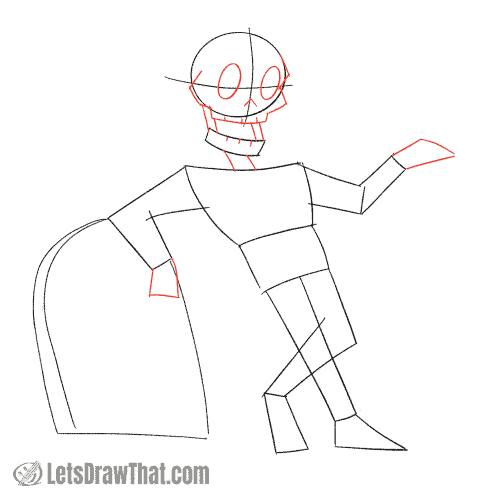 Drawing step: Draw the skeleton's face and hands