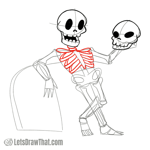 Drawing step: Draw the skeleton's rib cage and neck