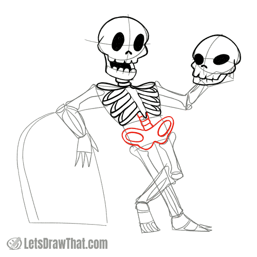 Drawing step: Draw the skeleton's pelvis and spinal column