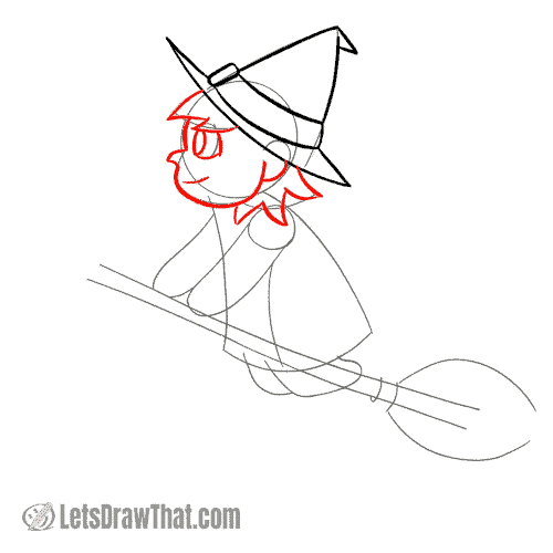 Drawing step: Draw the witch's face and hair