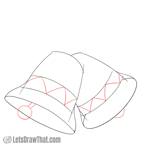 Drawing step: Add the bell clappers and start decorating the inscription band.