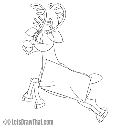Drawing step: Use the reindeer sketch to draw Rudolph
