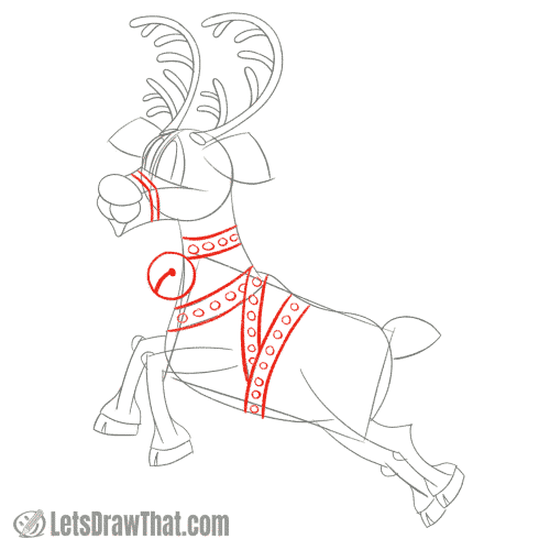 Drawing step: Draw the Rudolph's harness and jingle bell