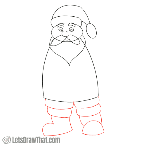 Drawing step: Draw Santa’s legs and boots