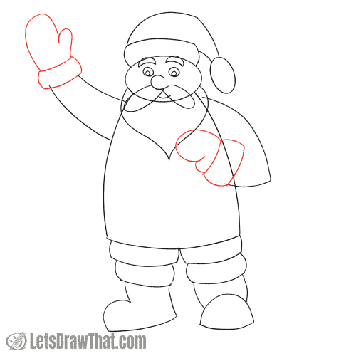 Drawing step: Draw Santa's mitten gloves