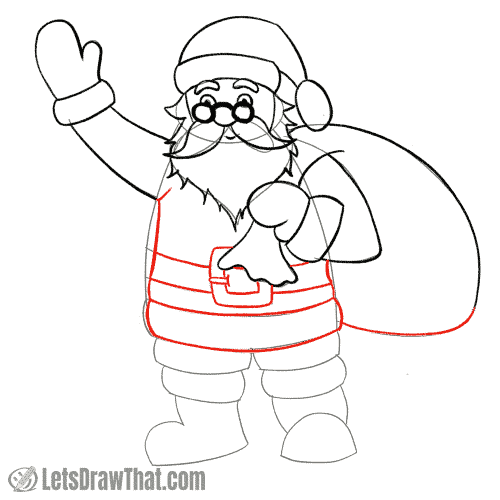 Drawing step: Draw Santa's coat and belt