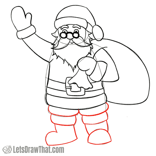 Drawing step: Draw Santa’s legs and boots
