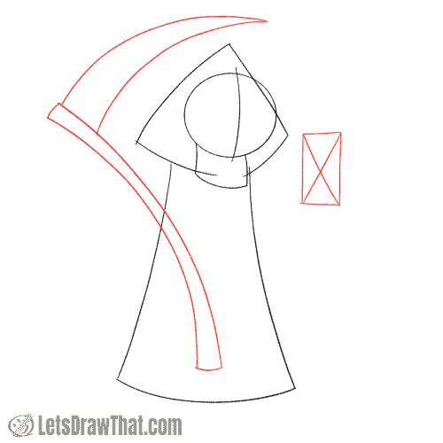 Drawing step: Sketch the scythe and hourglass