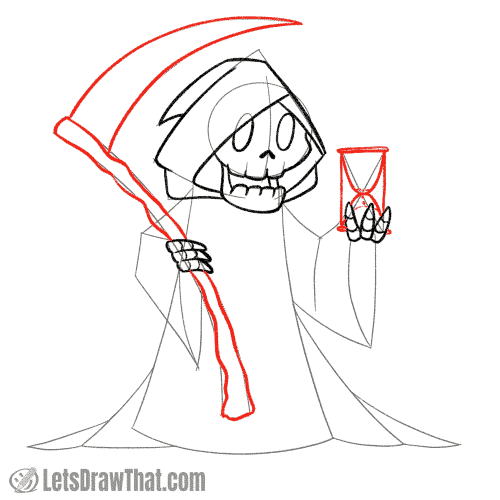 Drawing step: Draw the scythe and hourglass