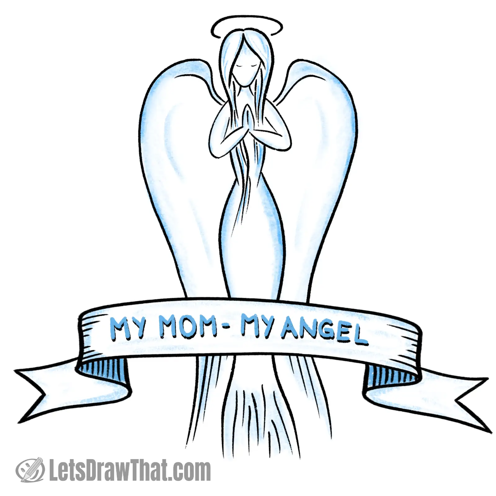 Mother's Day drawing of graceful lady angel in a minimalistic line style, with a baner reading "My mom - my angel"
