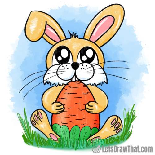 Easter bunny with carrot Cute Easter bunny with egg-shaped carrot cartoon drawing