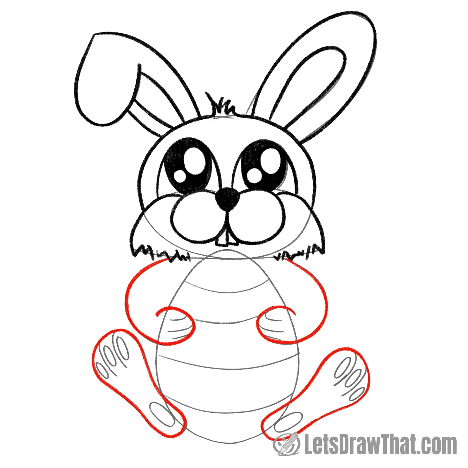 Drawing step: Outline the bunny's hands and feet