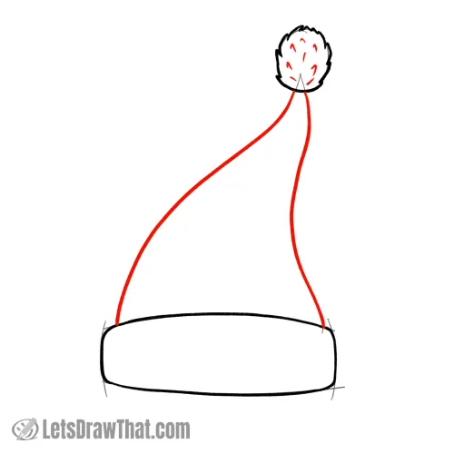 Drawing step: Draw the Santa hat and add details to the pom-pom
