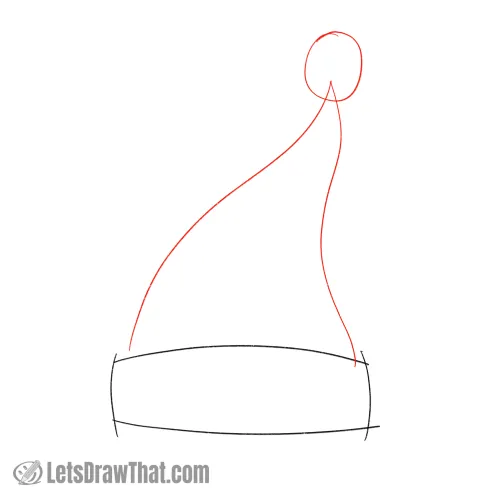 Drawing step: Sketch the Santa hat shape and an oval for the pom-pom
