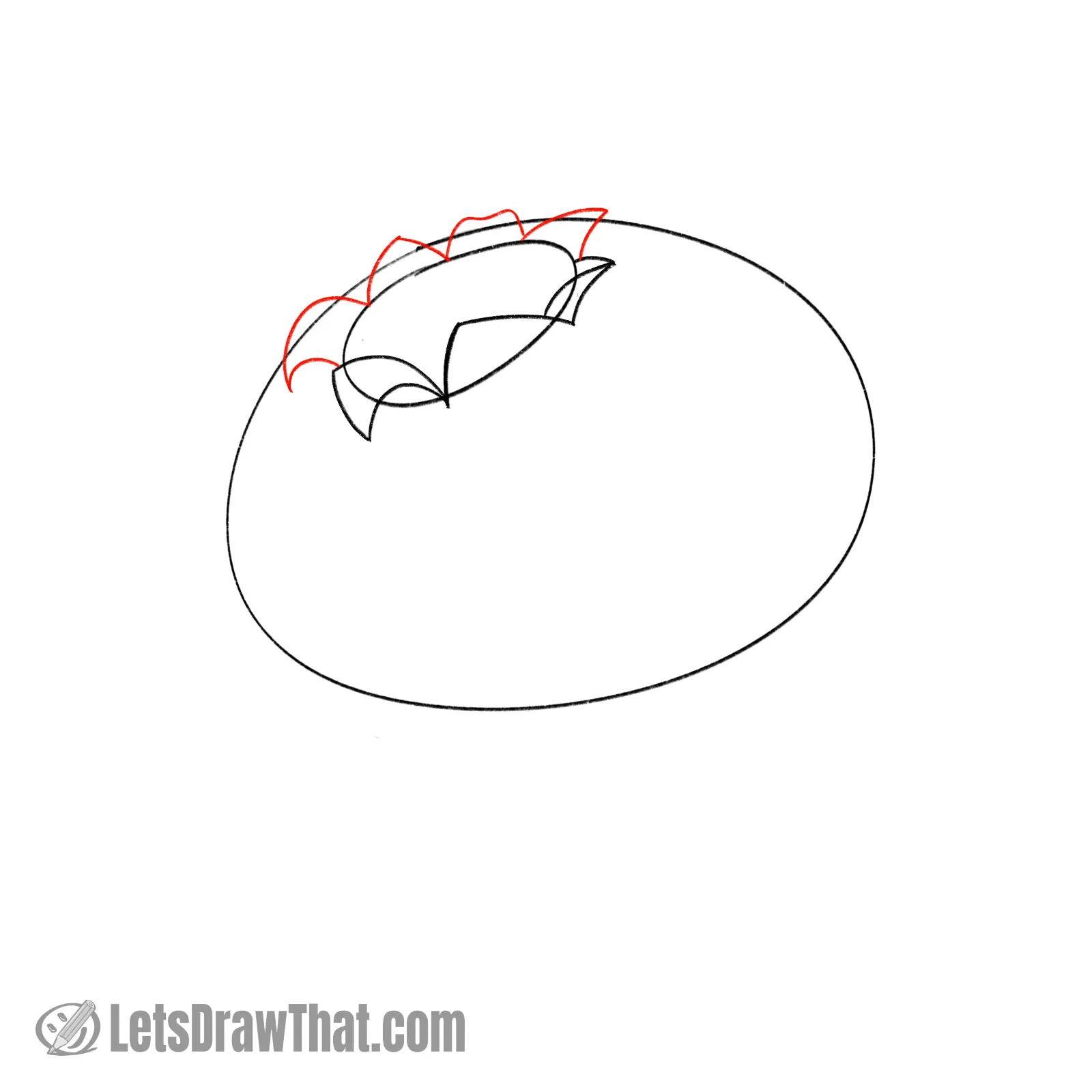 Drawing step: Draw the small sepal leaves on the back of the calyx oval