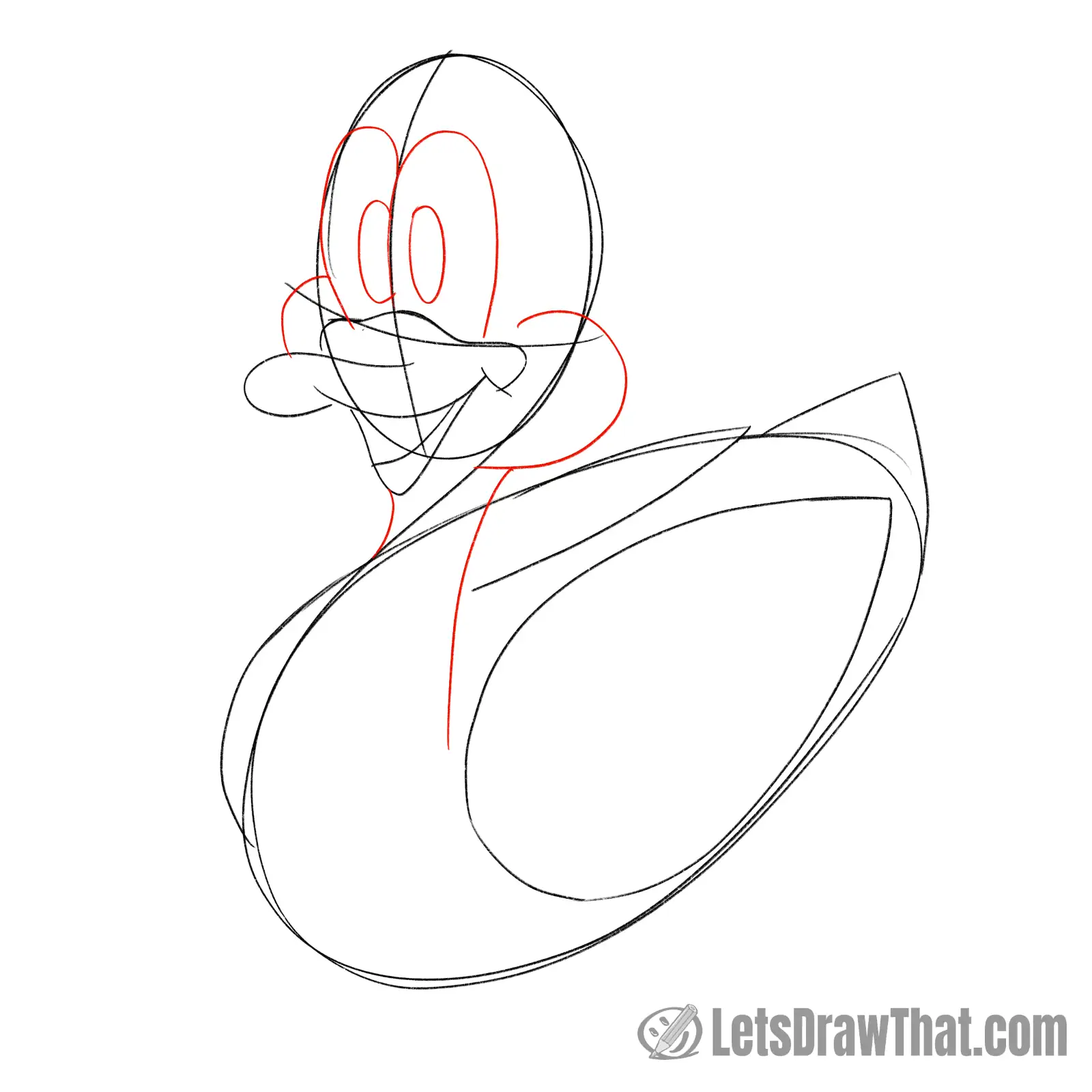 Drawing step: Sketch the duck's eyes, cheeks and neck