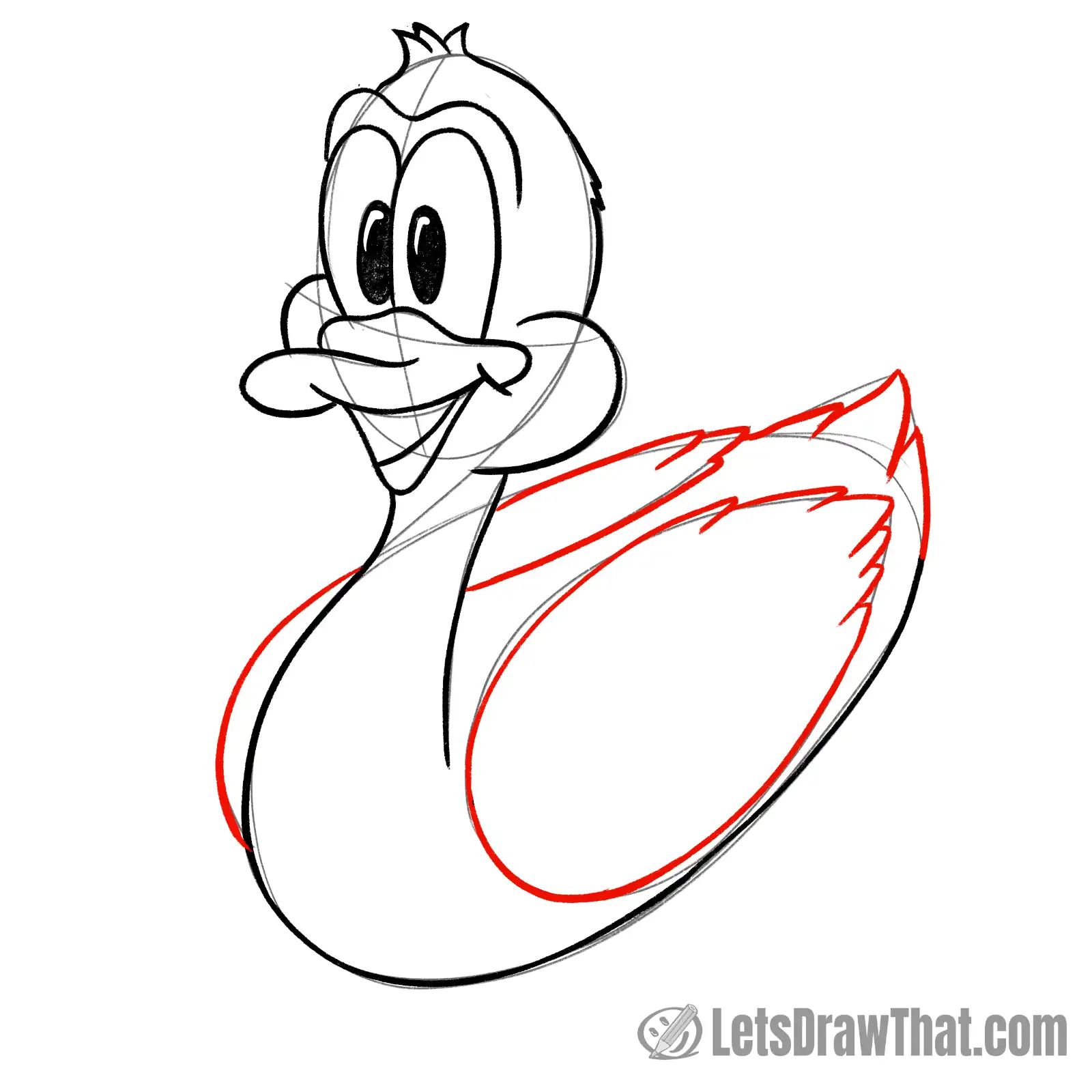 Drawing step: Draw the duck's wings and tail