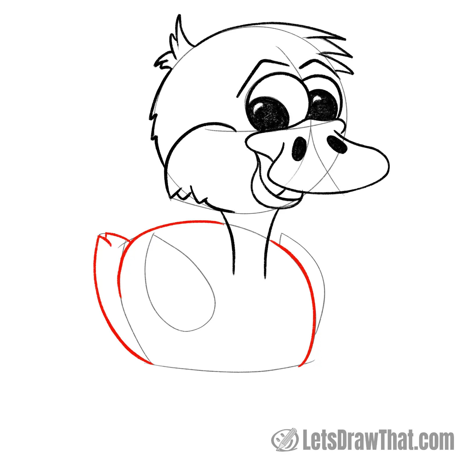 Drawing step: Draw the duckling's body and tail
