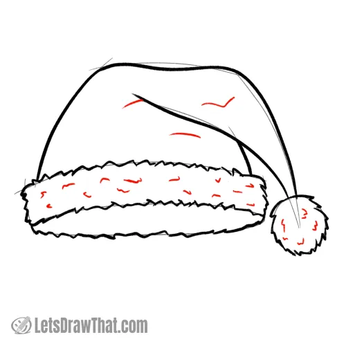 Drawing step: Finish the Santa hat drawing with details and texture