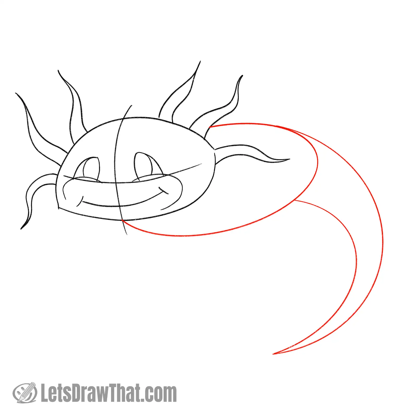 Drawing step: Sketch the axolotl's body and tail