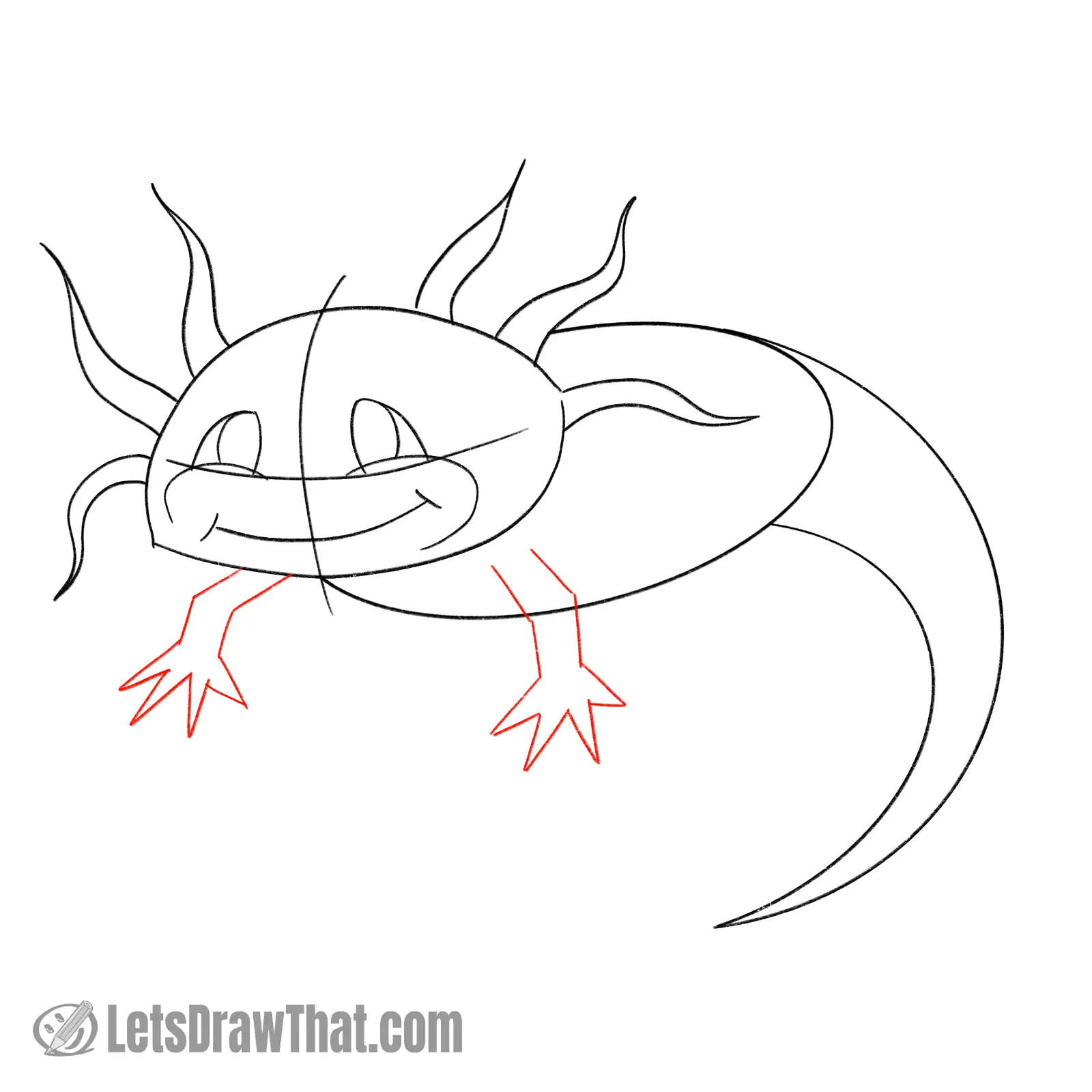 Drawing step: Sketch the axolotl's front legs