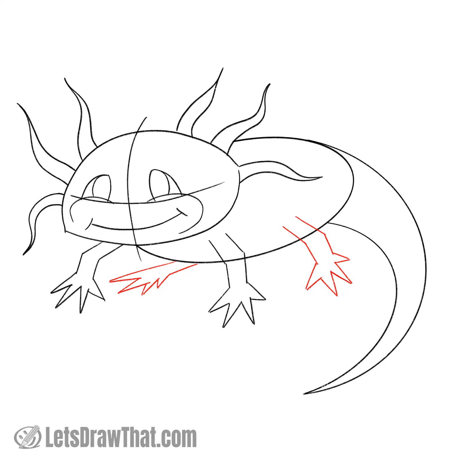 Drawing step: Sketch the axolotl's rear legs