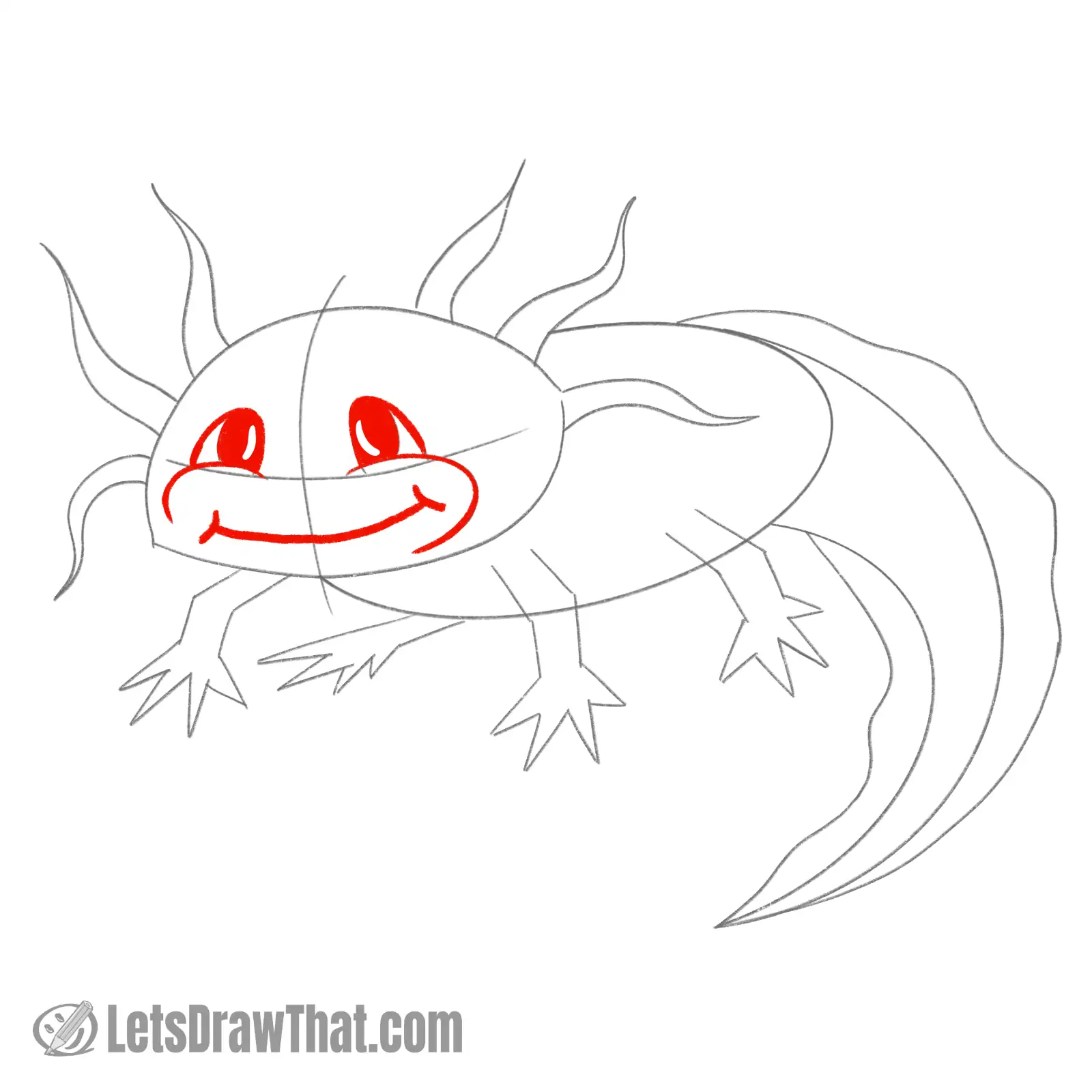 Drawing step: Draw axolotl's eyes and face