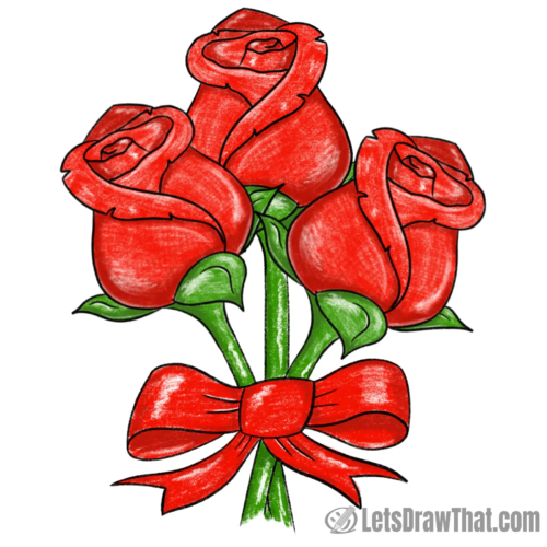 Mother's Day drawing of a bouquet of three easy to draw roses tied with a red bow