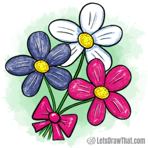 Mother's Day drawing of a bouquet of a simple five-petal flowers tied with a bow