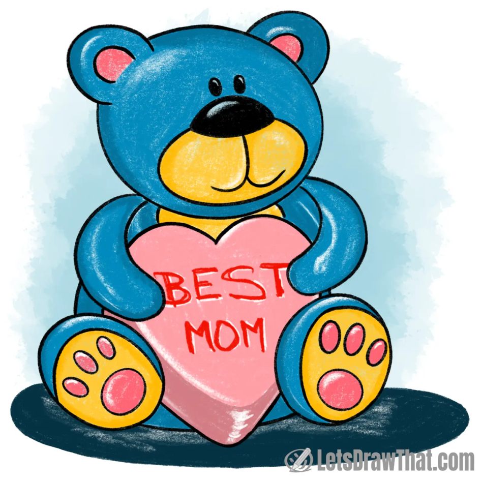 Mother's Day drawing of a cute teddy bear holding candy heart labeled "Best Mom"